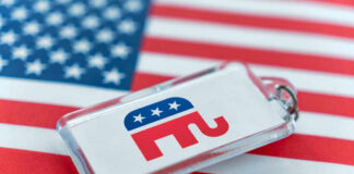 Republican elephant keychain on American flag background