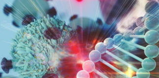 Virus near DNA strand with colorful lighting effects