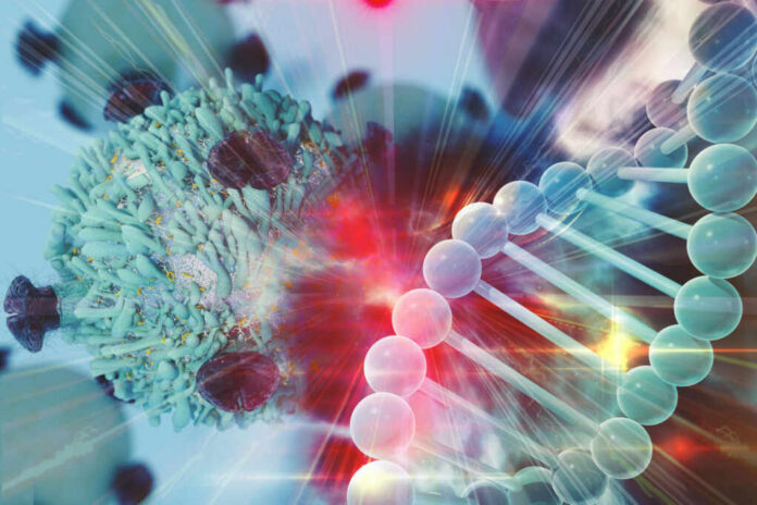 Virus near DNA strand with colorful lighting effects