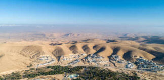 Aerial view of a desert landscape with a residential area and green spaces