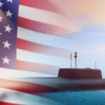 A submarine partially submerged in the ocean with an American flag overlay