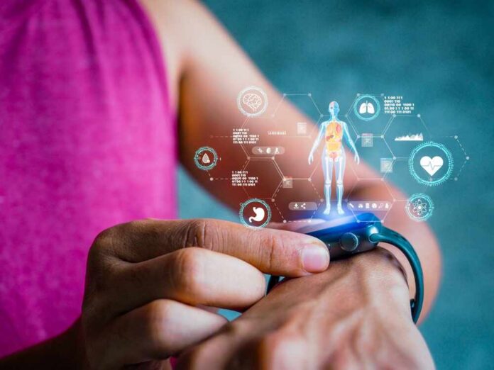 Person using a smartwatch displaying health data and holographic graphics
