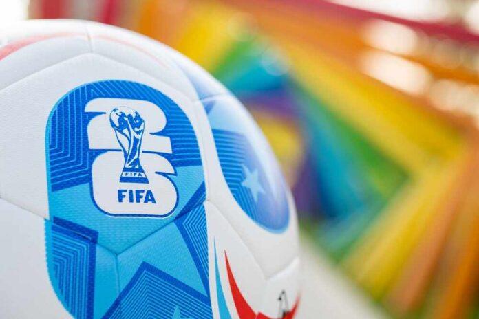 Close-up of a FIFA World Cup soccer ball with a colorful background