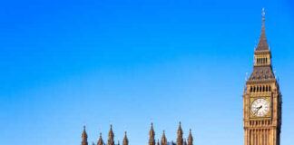 The iconic Big Ben clock tower against a clear blue sky