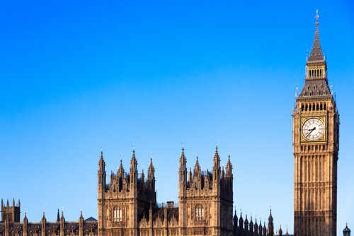 The iconic Big Ben clock tower against a clear blue sky