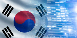 South Korean flag overlaying cityscape with skyscrapers