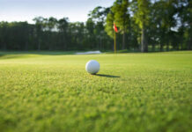 Golf ball on grassy golf course near hole