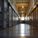 Empty prison corridor with barred cell doors visible
