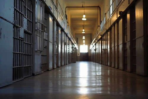 Empty prison corridor with barred cell doors visible