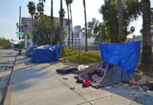 INSIDE FAILURE: LA’s Homeless Plan Crumbles Tents and tarps line sidewalk near palm trees