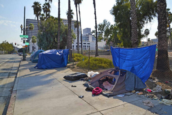 la-homeless404390962 Tents and tarps line sidewalk near palm trees