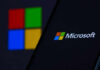 Microsoft logo displayed on screen and blurred background