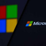 Microsoft logo displayed on screen and blurred background