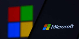 Microsoft logo displayed on screen and blurred background