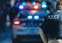 Police officer standing near patrol car with lights