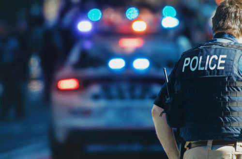 Police officer standing near patrol car with lights