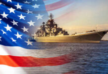 A naval ship sailing in the ocean with an overlay of the American flag