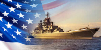 A naval ship sailing in the ocean with an overlay of the American flag