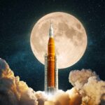 A rocket launching towards a full moon in a starry sky