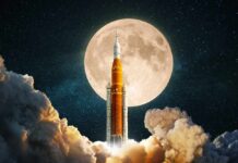 A rocket launching towards a full moon in a starry sky