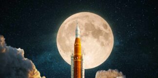 A rocket launching towards a full moon in a starry sky