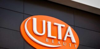 Signage of Ulta Beauty store featuring an orange background