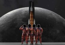 Four astronauts in orange suits standing before a rocket with the moon in the background