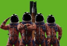 Four astronauts in orange space suits standing in front of a rocket on a green background