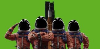 Four astronauts in orange space suits standing in front of a rocket on a green background
