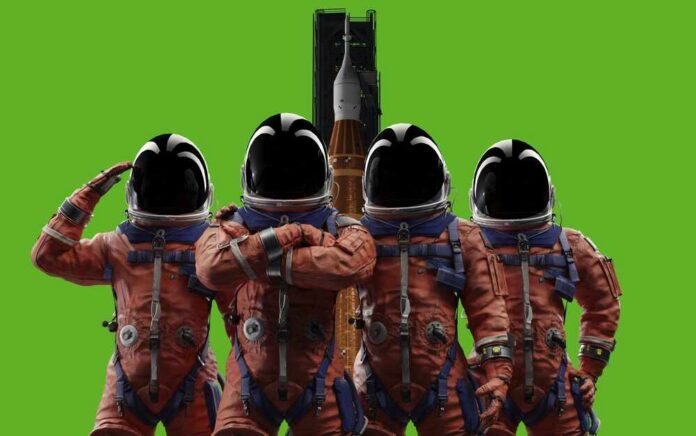 Four astronauts in orange space suits standing in front of a rocket on a green background