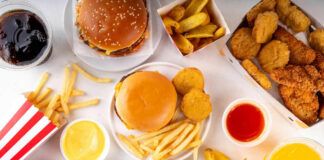 Fast food with burgers fries nuggets and drinks
