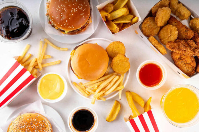 Fast food with burgers fries nuggets and drinks