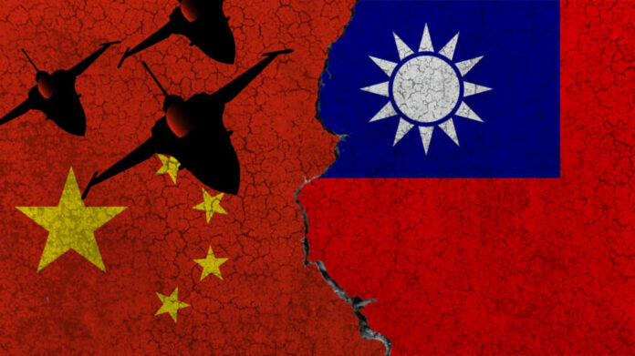 Chinese jets over split China Taiwan flags