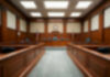 Empty blurred courtroom with wooden interior usa flags