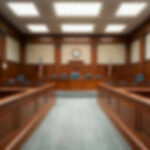 Empty blurred courtroom with wooden interior usa flags