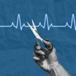 Hand holding scissors near heartbeat line illustration