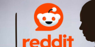Silhouette of a person using a laptop in front of the Reddit logo