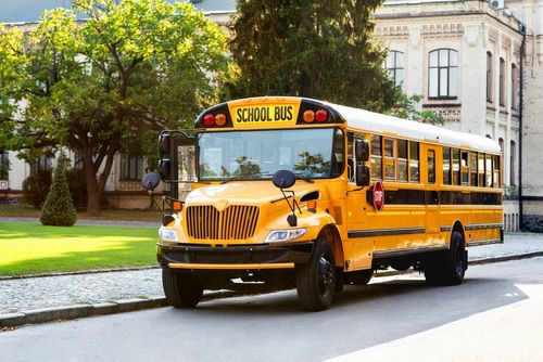 Yellow school bus parked on suburban street