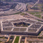 Aerial view of the Pentagon surrounded by roads and parking lots