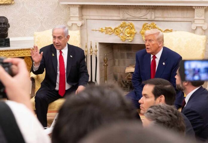 Two political leaders engaged in discussion in a formal setting