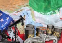 An illustration featuring oil barrels, an oil pump, and flags of the USA and Iran over a map of the Middle East