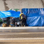 Two people at a sidewalk encampment with blue tarps and carts