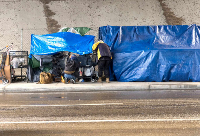 Two people at a sidewalk encampment with blue tarps and carts