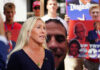Woman speaking at outdoor event with protest signs in background