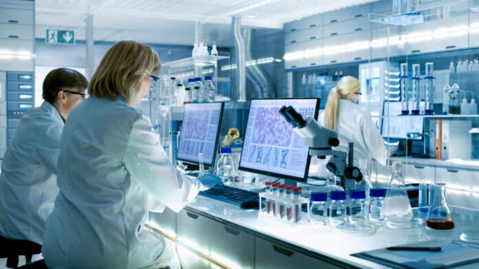 scientists-working1073659406jpg Scientists working at computers and microscopes in a modern laboratory