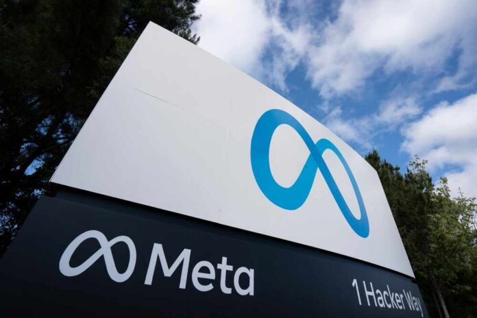 Sign displaying the Meta logo and address at 1 Hacker Way