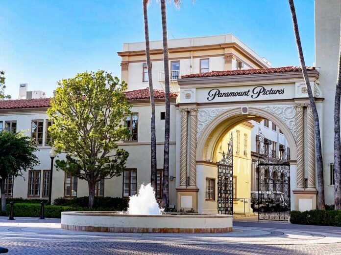 Entrance to Paramount Pictures with a fountain and palm trees