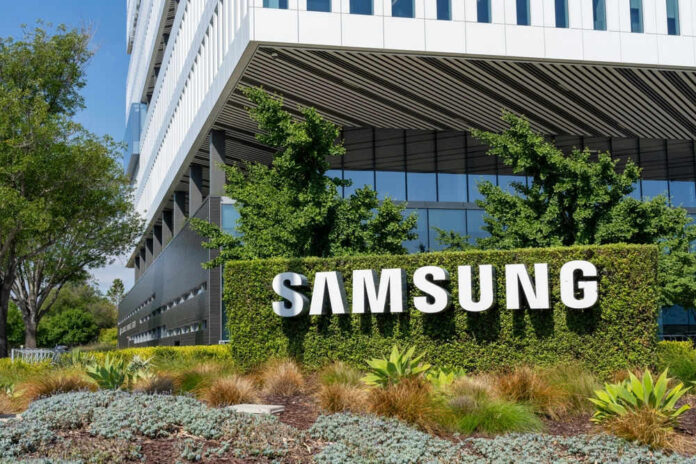 2365891595 Samsung building with large sign and greenery.