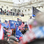 Crowd with flags near a government building
