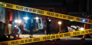 Police tape cordons off a nighttime crime scene